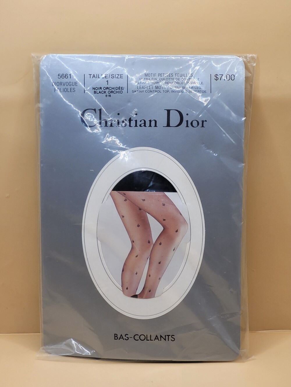 NOS Vintage Christian Dior Diorvogue Folioles Tights Pantyhose Size 1 Black Leaf